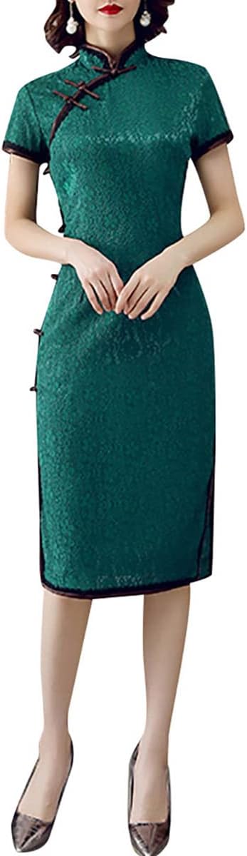 Women's Floral Lace Cheongsam Qipao Dress Short Sleeve Mandarin Collar Midi Sheath Dress