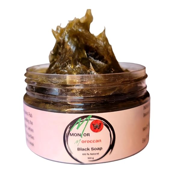 Moroccan Bath & Shower Black Soap; Rich in vitamin E; Great Emollient and Moisturizer; Remove Dry Dead Skin; Cleanse and Exfoliate for Clearer, Softer and Silkier Skin; Original Scent 100g