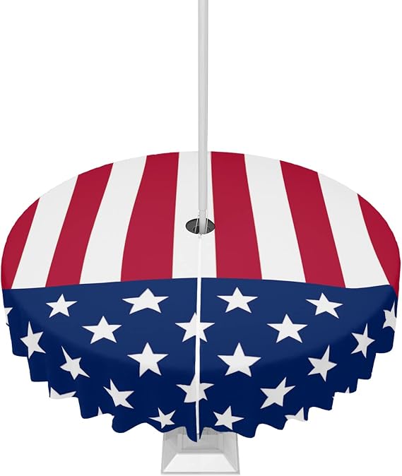 4th of July Tablecloth with Umbrella Hole and Zipper American Flag Round Outdoor Tablecloths 60 Inch Outside Table Cloths Stars Red Stripes Patio Table Cloth Cover for Independence Day Garden Decor