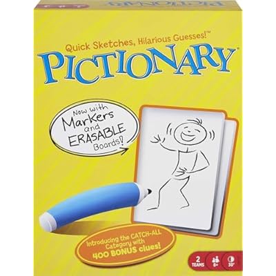 Mattel Games Pictionary Family Board Game for Kids, Adults and Game Night for 2 Teams with Erasable Markers, Boards and Sand Timer