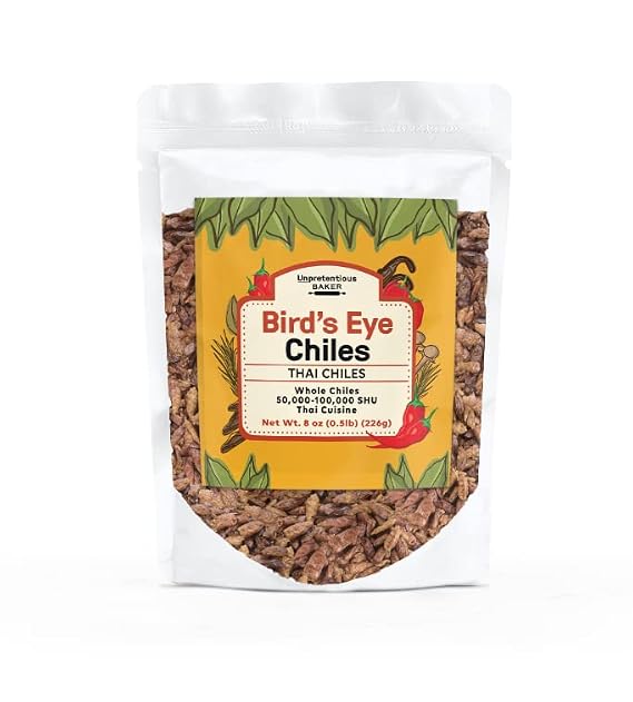 Unpretentious Whole Bird's Eye Chiles, 8oz, Thai Chiles, 50,000-100,000 SHU, Southeast Asian Cuisine