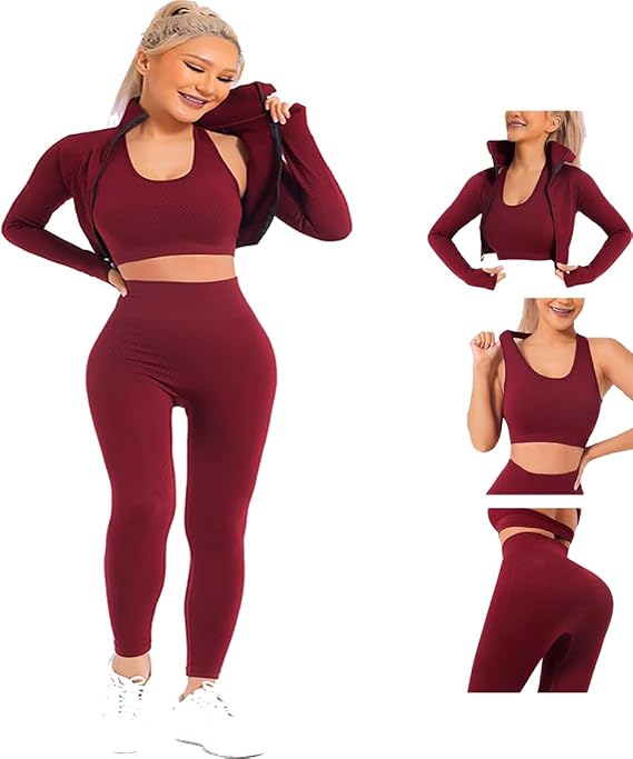 Women's 3pcs Seamless Outfits Workout Sets,Gym Clothes Yoga Sportswear Leggings and Stretch Sports Bra Gym Set