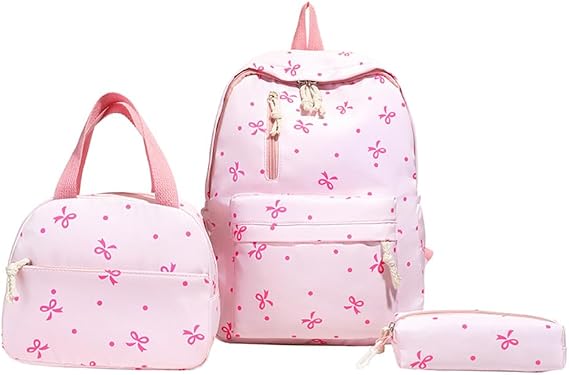 Bow Printed School Backpack Set with Lunch Bag Pencil Case 3 Pieces School Bags for Teens Girls Boys Aesthetic Daypack Handbag Schools Backpack for Girl Women Travel Rucksack