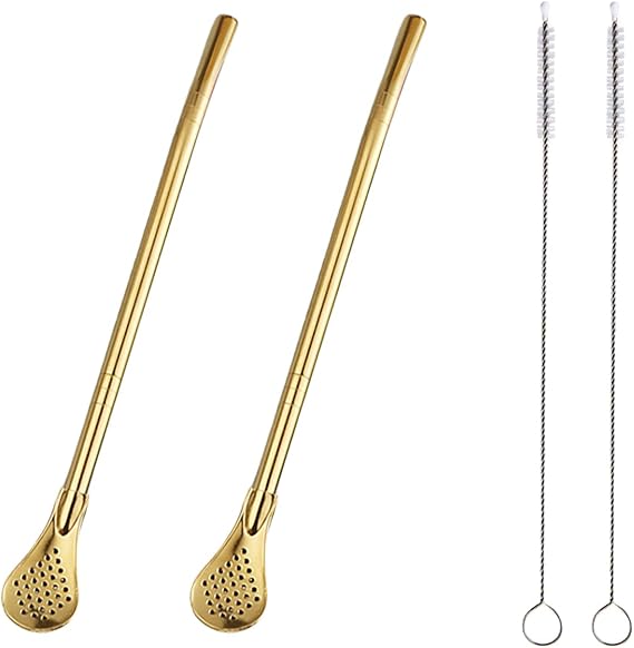 2 Pieces Stainless Steel Straw Spoon Filter with 2 Cleaning Brush, Reusable Tea Spoon for Loose Tea, Yerba Mate Straw, Metal Drinking Straws, Coffee