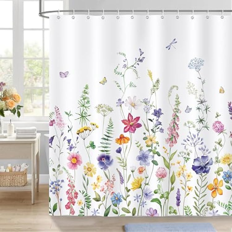 Bonhause Floral Shower Curtain, Watercolor Flower Butterfly Plants Bathroom Decor 72 x 72 Inch Polyester Fabric Waterproof Bath Curtain with 12 Hooks