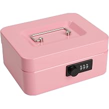 Cash Box with Combination Lock, Money Tin Box with Coin Tray, Lockable Cash Tin for Money Saving 20 * 16 * 9cm (Pink)