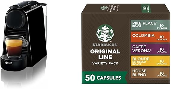 Nespresso Essenza Mini Coffee and Espresso Machine by De'Longhi (1150 watts) and Starbucks by Nespresso Variety Pack Coffee (50-count)