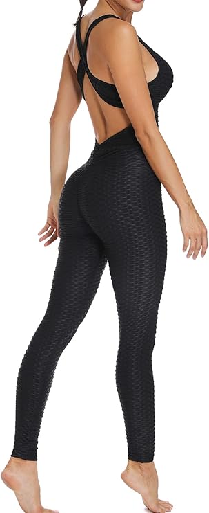 KIWI RATA One Piece Jumpsuits for Women Sleeveles Textured Gym Bodycon Backless Scrunch Butt Rompers