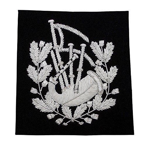 Pipe Major Bagpipe ARM Blazer Bullion Badge Hand Embroidered Silver Wire Emblem