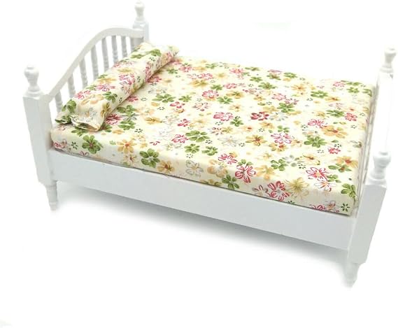 Dollhouse Wooden Double Bed 1/12 Scale Miniature Furniture Queen Bed for Bedroom (Warm)