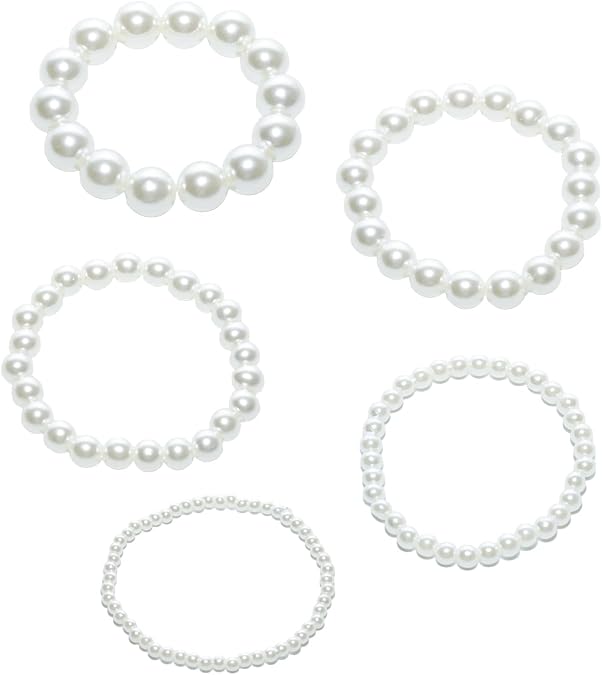 5 Pcs White Pearl Bracelets, Stackable Pearl Stretch Bracelets, Faux Pearl Bracelets for Lady, Wedding