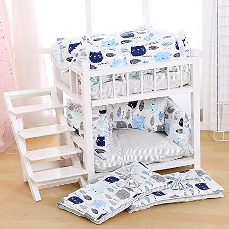 Dog Bunk Wooden Bed for Small Dogs Pet Cat Wood Beds with Stairs Cats Double Buddy Raised Window Perch Frame Steps Indoor House Removable