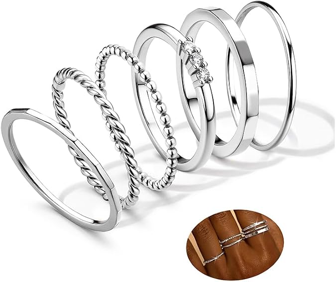 FIBO STEEL 14K Gold Plated Stackable Rings for Women Non Tarnish - Dainty Rings Cubic Zirconia Thin Ring Set Minimalist Thumb Stacking Ring Size 5-11
