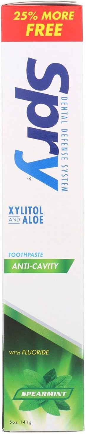 Spry Natural Xylitol Toothpaste 5oz for Adults and Kids with Fluoride, Gentle for Sensitive Teeth Whitening and Remineralizing, Breath Freshening, Mouth Moisturizing, Spearmint (Pack of 1)