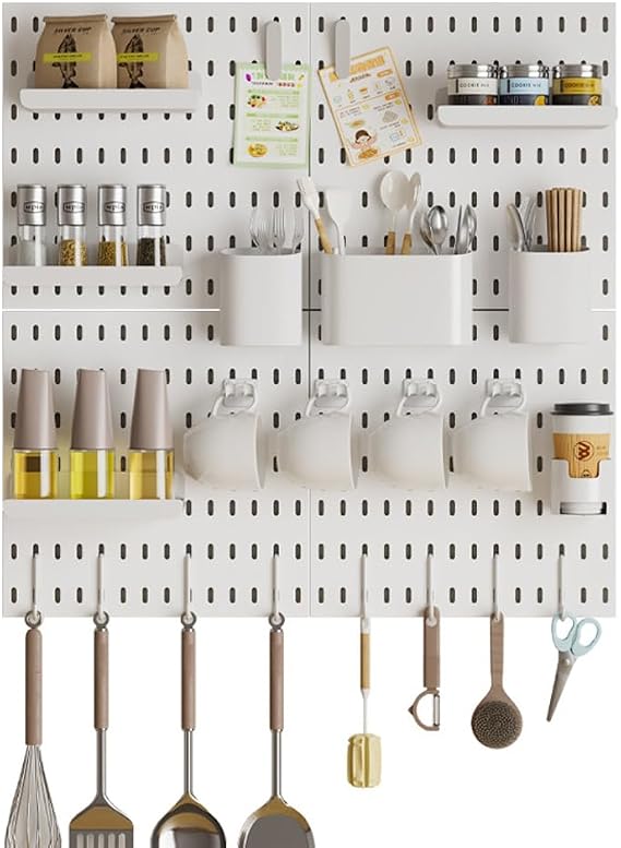 Pegboard Combination Kit with 4Piece 28x28cm Boards,White Wall Organizer Panels with 22 Accessories,Modular DIY Display Shelf for Home Kitchen