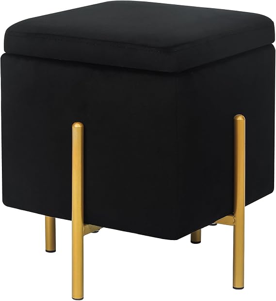 Adeco Upholstered Tufted Square Storage Ottomans, Black Modern Velvet Footrest Ottomans with Storage for Couch
