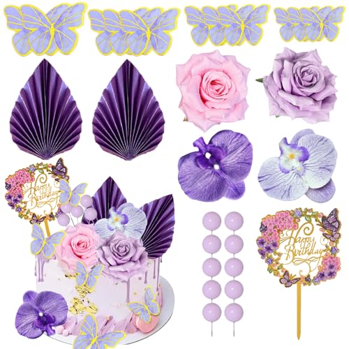 27 PCS Flower Cake Toppers Acrylic Cake Toppers Happy Birthday Butterfly Palm Leaves Dessert Decoration for Birthday Party Wedding Baby Shower SuppliesPink Purple