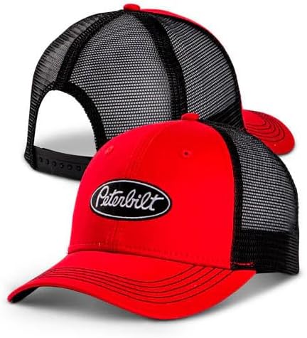 PETERBILT Logo Mesh Trucker Hat, Red with Black, Snapback Baseball Cap, Classic Adjustable Mesh Back Design