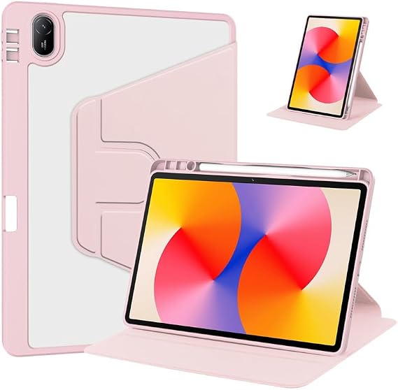Rotating Case for Huawei MatePad SE 11 inch 2024 with Pencil Holder,360 Degree Rotation Protective Stand Smart Tablet Slim Hard Shell Folio Cover Clear Back, Auto Wake/Sleep (Pink)