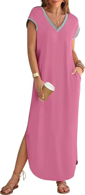 MEROKEETY Women's 2025 Spring Summer Maxi Dress Casual V Neck Split Beach Vacation Loose Long Dresses