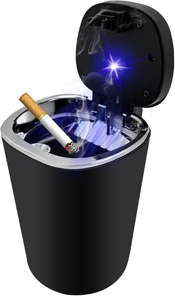 Ohleats Car Ashtray, Detachable Stainless Steel Smokeless Ash Tray with LED Blue Light, Auto Ashtray with Lid Smell Proof Weed for Most Vehicles, Universal Interior Car Accessories