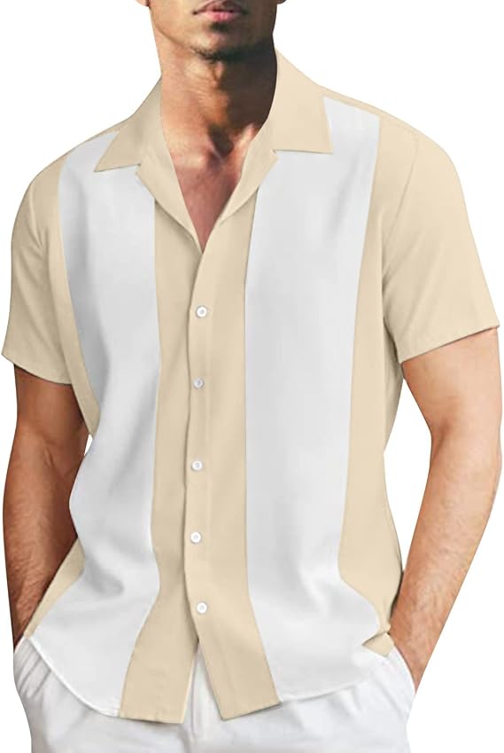 LCMTWX Mens Short Sleeve Button Down Shirts Mens Fashion and Leisure Color Matching Lapel Button Half Short Sleeve Shirts