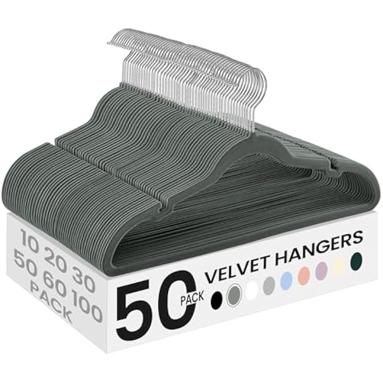 SONGMICS Velvet Hangers 50 Pack, Non-Slip Clothes Hangers, Suit Hangers with Shoulder Notches, Pants Bar, 360 Swivel Hook, Space-Saving, for Closet, Gray UCRF029G05