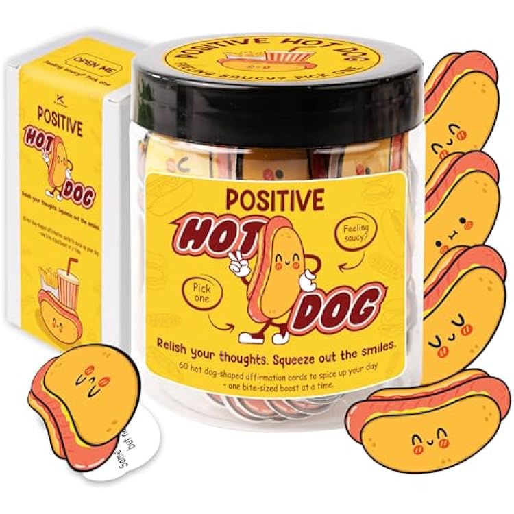 Positive Hot Dog Jar, 60 Affirmation Cards, Funny Emotional Support Hot Dogs, Foodie Gifts for Friends, Coworkers, Teens, White Elephant Gifts for Adults, Christmas Gift 2025