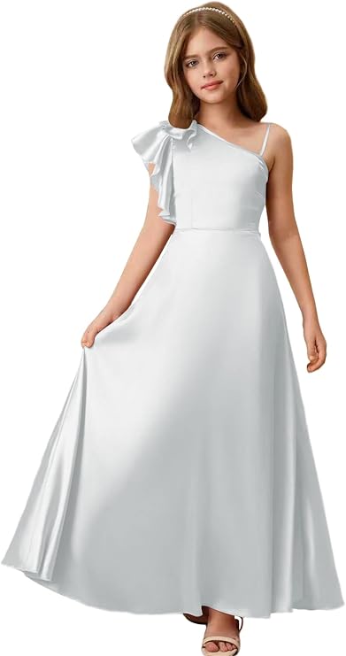 One Shoulder Junior Bridesmaid Dresses - Satin Flower Girl Dress Formal Wedding Birthday Party Gown with Ruffle