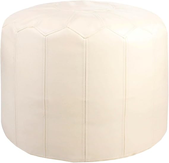 Round Faux Leather Ottoman Chic Footstool Ottoman with Style, Storage Solution for Living Room Furniture. Moroccan-Inspired Design & Intricate Stitching in Removable High-End Cover (White)