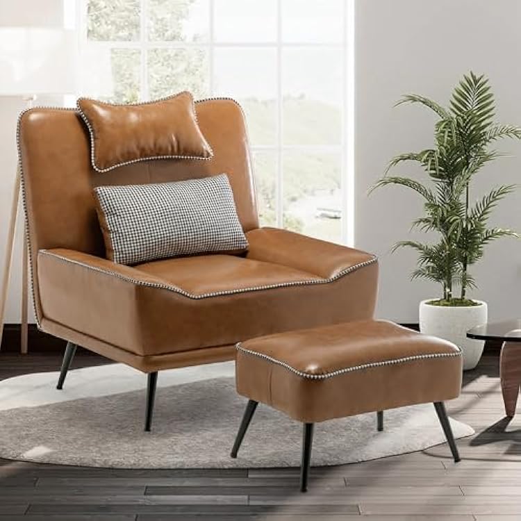 Yongqiang 35 Accent Chair with Ottoman, Mid Century Modern Upholstered Faux Leather Chairs for Living Room Bedroom Lounge Chair Armless Sofa Chair and Ottoman Brown