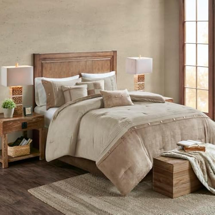 7 Piece Faux Suede Comforter Set King All Season Down Alternative Cozy Bedding with Matching Shams, Decorative Pillows Tan  Polyester  California King