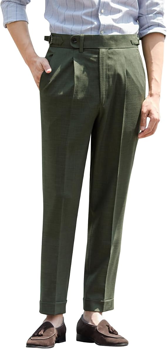 Snoly Men's Summer Retro Linen Lightweight Gurkha Tapered Leg Straight Flat Front Chino Pants Buckle Back