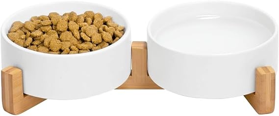 Ceramic Cat and Small Dog Bowl Set Modern Indoor Small Size Pet Food and Water Bowls with Wood Stand Non Slip Puppy Sized Feeding Station with Double Dishes (White)