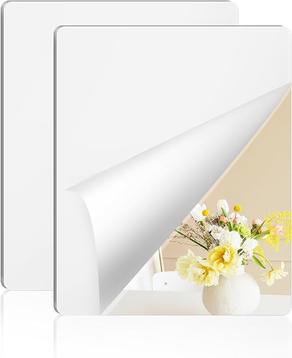 yuntop 2 Pack Self Adhesive Acrylic Mirror, 2MM Flexible Plastic Mirror, Shatterproof PS Frameless Wall Mirror for Bathroom Vanity and Entryway (16 x 12 inch)