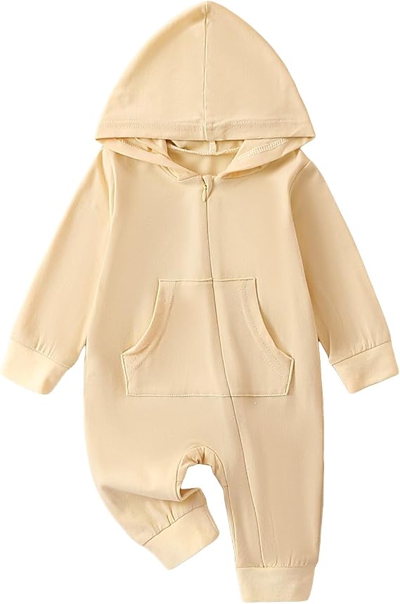 Baby Girl Boy Hooded Romper Zip Up Hoodie Jumpsuit Long Sleeve Solid Color Zipper Romper Infant Fall Winter Clothes