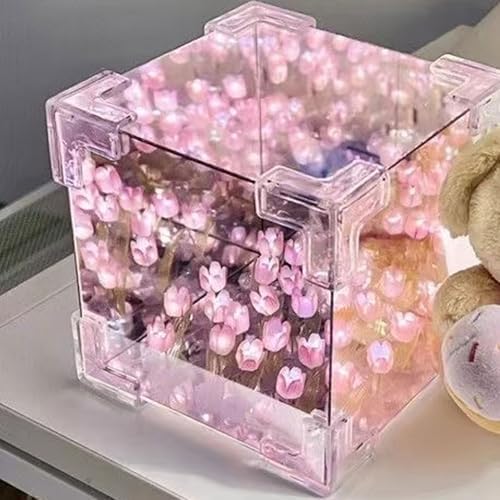 30 Flowers DIY Tulip Cube Mirror Lamp,Tulip Flower Table Lamp & Mirror 2-in-1,USB Tulip Mirror Night Lights for Bedroom,Creative Gift for Mom,Girl,Couple,Friend BirthdayPurple