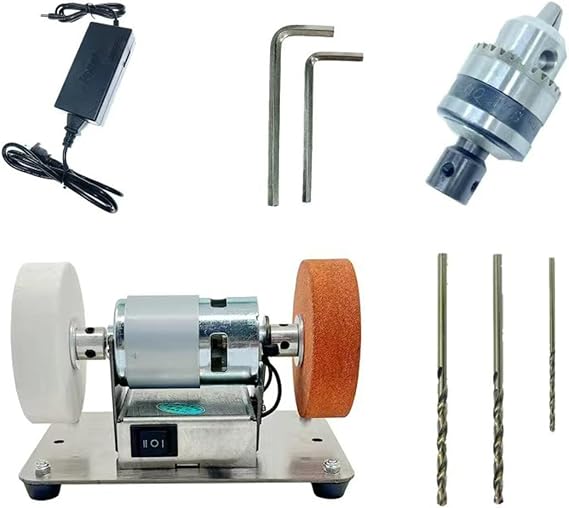 120W Bench Grinder 7 Speed Adjustable Table Top Grinder Polisher Bench Grinding Tool for Sharpening and Polishing 4Inch(Double sander + drill chuck set)