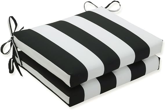 Pillow Perfect Stripe Indoor/Outdoor Square Corner Chair Seat Cushion with Ties, Plush Fiber Fill, Weather, and Fade Resistant, 16" x 18.5", Black/White Cabana Stripe, 2 Count