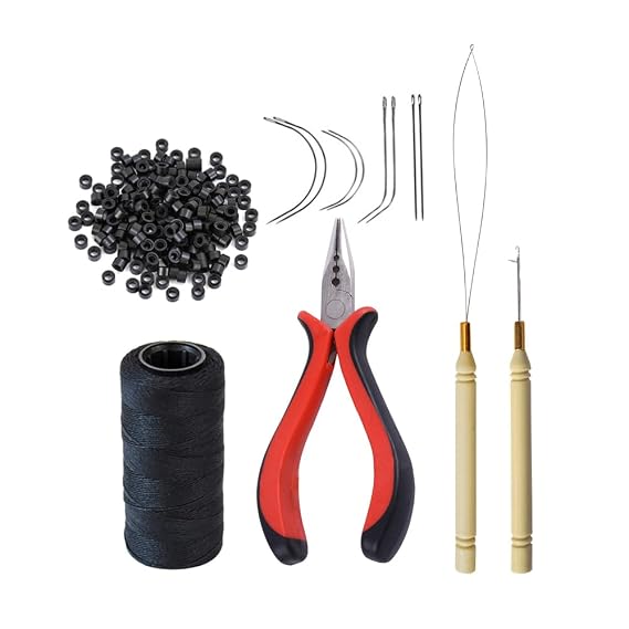 Hair Extensions Tool Kit: 200 Pcs Silicone Lined Micro Links Beads, 1 Three Hole Hair Pliers, 1 Roll Sewing Thread, 1 Loop Needle Threader, 1 Pulling Hook Needle, 8 Sewing Needles (Black)