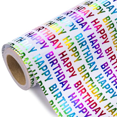 WRAPAHOLIC Reversible Birthday Wrapping Paper - Mini Roll - 17 Inch x 9.8 Feet - Pink Happy Birthday Wrapping Paper for Girls, Kids, Baby Shower
