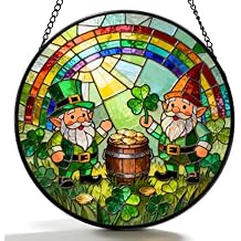St. Patrick Day Stained Glass Suncatcher - Shamrock Gnome Window Hanging Ornament for Spring Home Decor