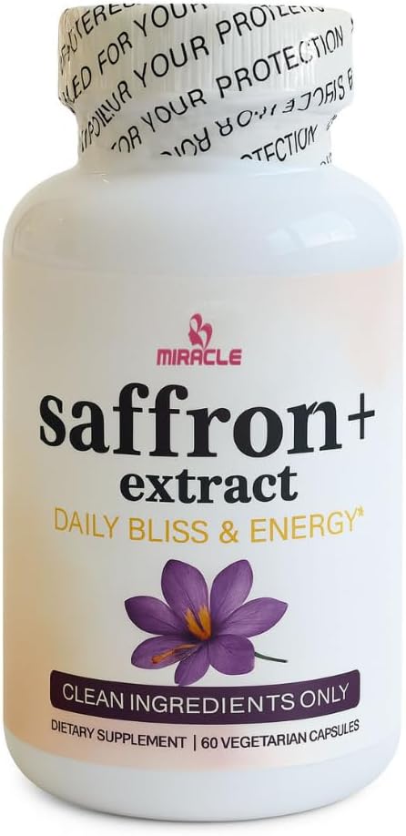 MIRACLE Stress and Mood Support Supplement, Daily Wellness Balance with Saffron Extract Ashwagandha Rhodiola, Easy to Swallow Veg Capsules, 60 Capsules