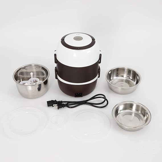 Electric Lunch Box Rice Cooker- 3 Layers 2L Portable Rice Food Heater Warmer w/Steaming Rack, Stainless Steel Food Steamer for Office Home To-go Food 110V