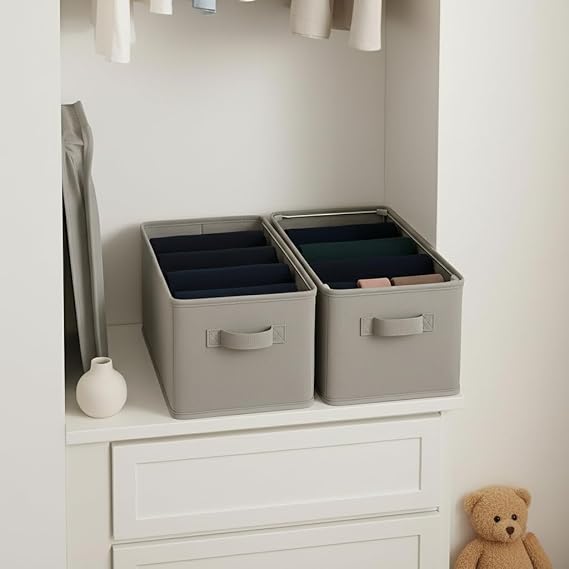 Deconox Shelf Organizer, Foldable Clothing Organizer, Steel Backed Interlining Fabric Multi-Purpose Storage Box, In-Cabinet Drawer Organizer, Gray (45x25x20cm)