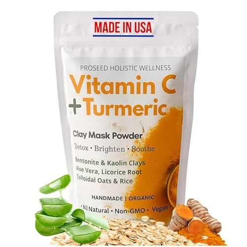 ProSeed Turmeric Vitamin C Clay Mask Face & Body Powder Mask with Oats, Aloe & Natural Clays for Sensitive Skin, Pores, Blemish Appearance, Even Skin Tone Scarring, Dull Skin, Blackheads