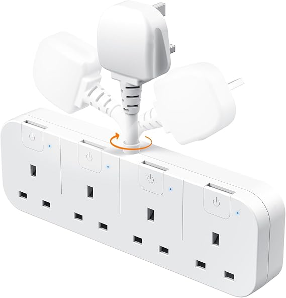 Multi Plug Extension Socket 4 Way with Flexible Plug, 4 Gang Plug Adapter UK with Individual Switches, Short Small Extension Adaptor for Home, Kitchen. White
