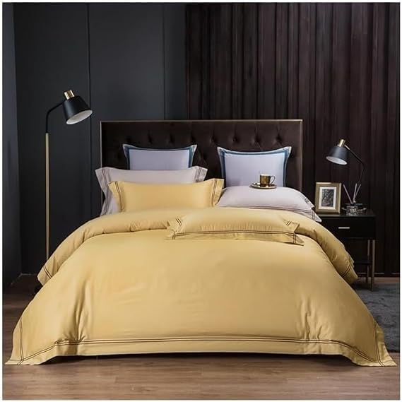 Bedding 4-Piece Set Luxury Embroidered Duvet Cover Set 4 Piece Nordic Solid Color Soft Skin-Friendly Cotton Bedding Set Bedding Comforter Set(Yellow,Queen Size 4Pcs)