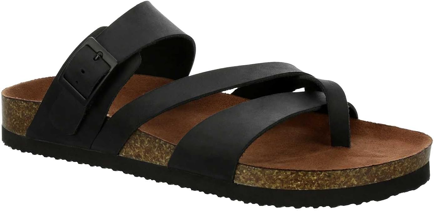 Bjorndal Eden - Women's Casual Flat Strappy Slip-On Cork Footbed Sandals Black, Size 8.0 Medium Width