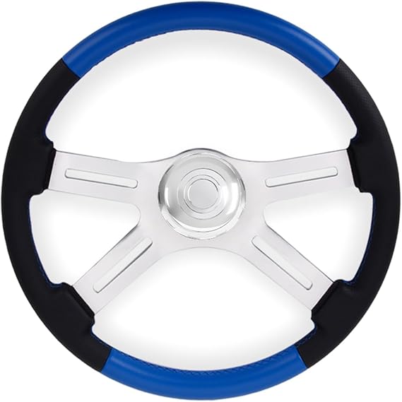 RASTP 18" Truck Steering Wheel, 4-Spoke Aluminium Chrome Leather Truck Steering Wheel For Kenworth, Peterbilt, Volvo,Freightliner(Blue)